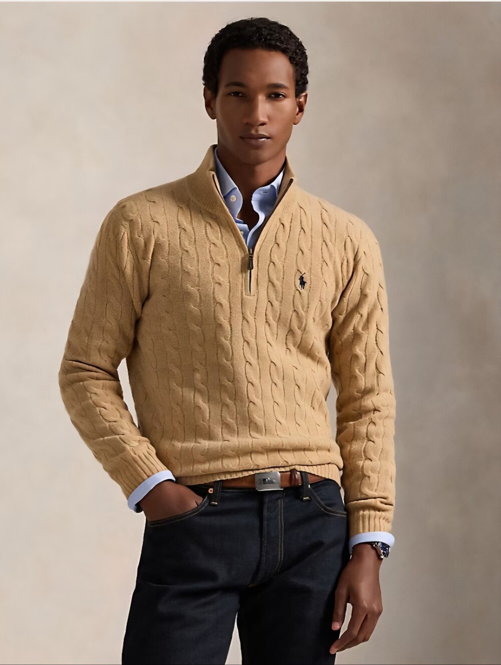 Polo by Ralph Lauren Camel Cable-Knit Half-Zip Sweater
